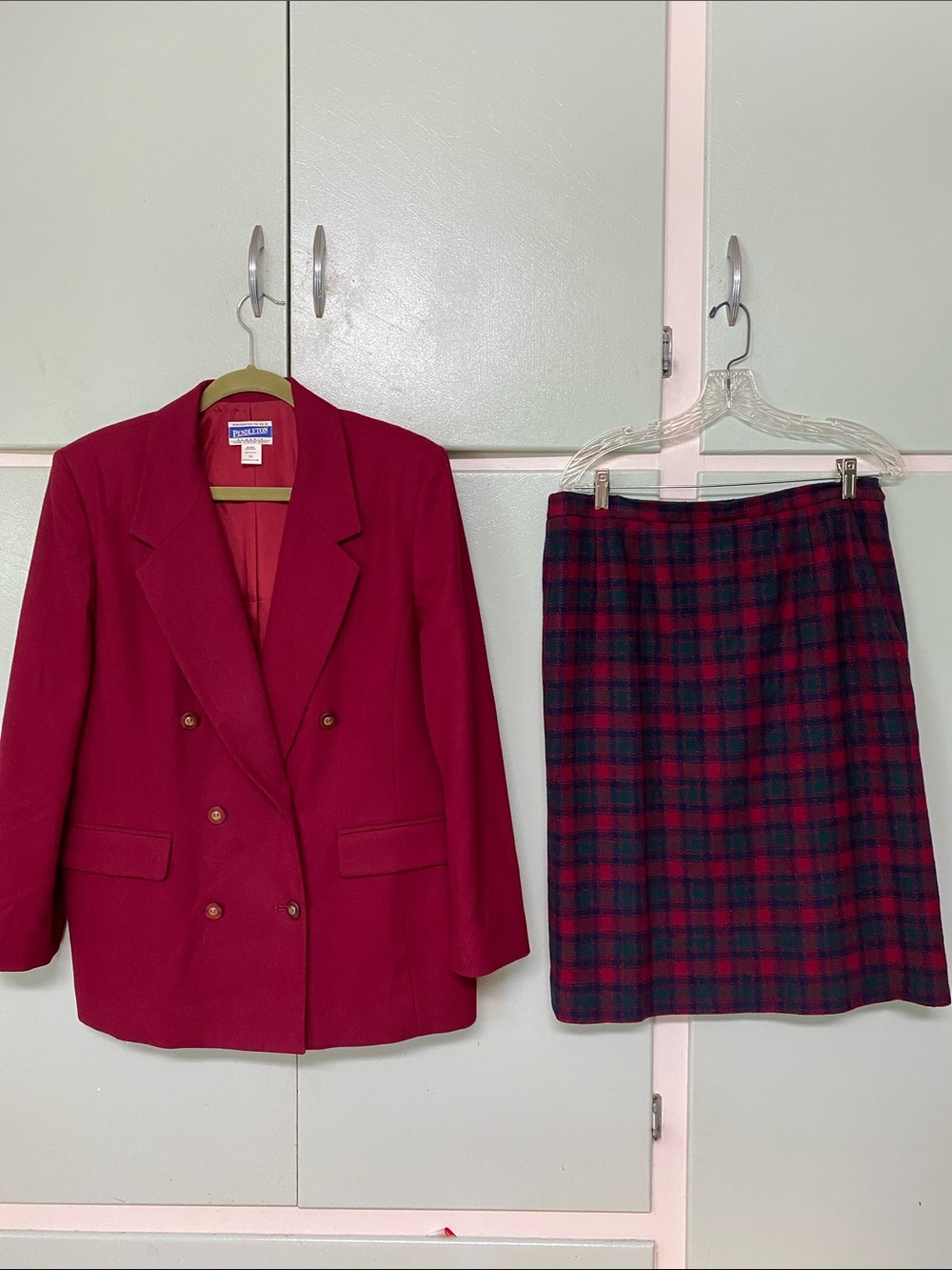 Vintage Pendleton two-piece wool skirt suit, double breasted, blazer plaid skirt